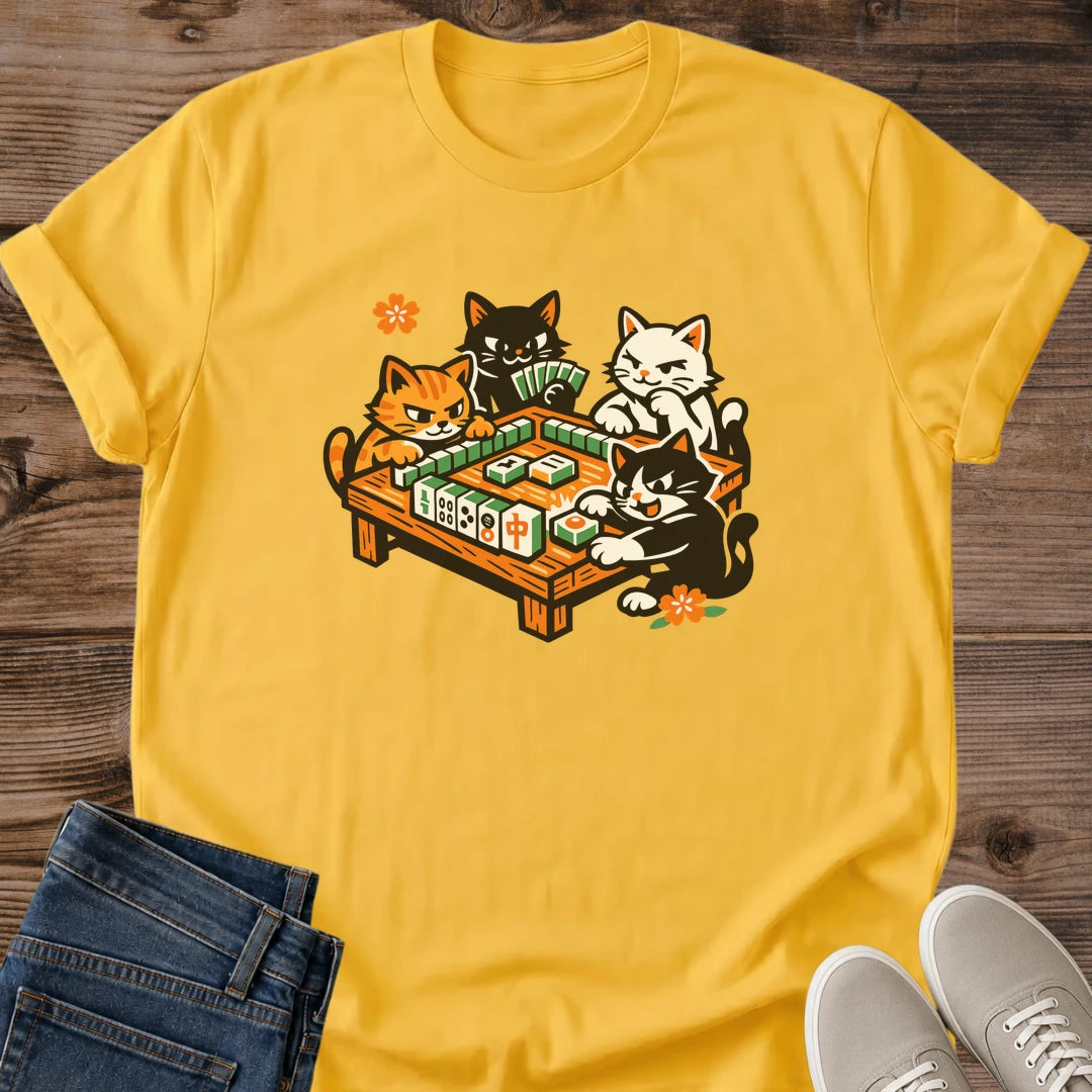 Vintage Graphic Tee Cat Mahjong Design Soft Comfortable Shirt Three Cats Playing Game Tiles Meowjong Print Distressed Style Crew Neck Casual Wear Perfect Cat Lover Gift Mahjong Enthusiast Present Breathable Lightweight Fabric Nostalgic