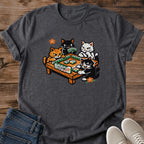 Cat Lover Tshirt Mahjong Game Theme Vintage Style Graphic Design Three Cats Playing Mahjong Tiles Soft Comfortable Crew Neck Shirt Meowjong Print Distressed Aesthetic Perfect Gift For Cat Owner Mahjong Player Casual Wear Game Night Outfit