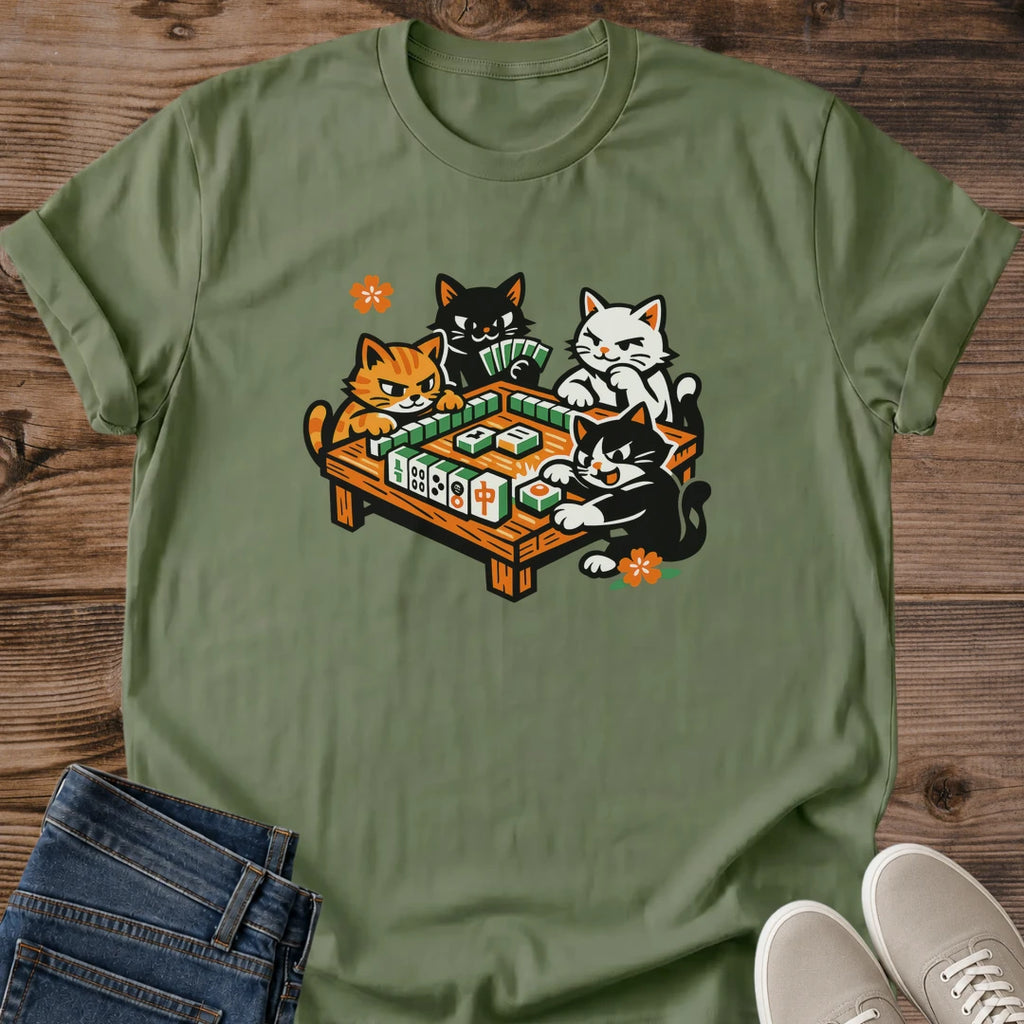 Game Night Shirt Cat Mahjong Theme Casual Comfortable Tee Vintage Distressed Print Three Cats Around Tiles Meowjong Design Soft Crew Neck Style Perfect Cat Lover Apparel Mahjong Player Gift Breathable Fabric Whimsical Nostalgic Aesthetic