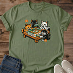 Game Night Shirt Cat Mahjong Theme Casual Comfortable Tee Vintage Distressed Print Three Cats Around Tiles Meowjong Design Soft Crew Neck Style Perfect Cat Lover Apparel Mahjong Player Gift Breathable Fabric Whimsical Nostalgic Aesthetic