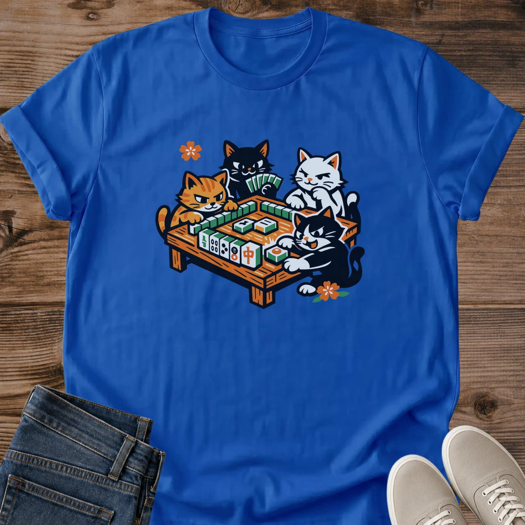 Mahjong Player Gift Shirt Vintage Cat Design Soft Comfortable Tee Three Cats Around Mahjong Tiles Meowjong Graphic Print Crew Neck Style Perfect Game Night Clothing Cat Themed Apparel Distressed Vintage Aesthetic Breathable Fabric Casual