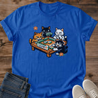 Mahjong Player Gift Shirt Vintage Cat Design Soft Comfortable Tee Three Cats Around Mahjong Tiles Meowjong Graphic Print Crew Neck Style Perfect Game Night Clothing Cat Themed Apparel Distressed Vintage Aesthetic Breathable Fabric Casual