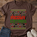 Meowy Catmas Tee Christmas Cat Shirt Red And Green Knit Sweater Print Tiny Black Cats Holiday Pattern Retro Fair Isle Design Cat Dad Christmas Shirt Cat Owner Gift For Her Xmas Cat Tee Soft Cotton Unisex Shirt Cat Whisker Co