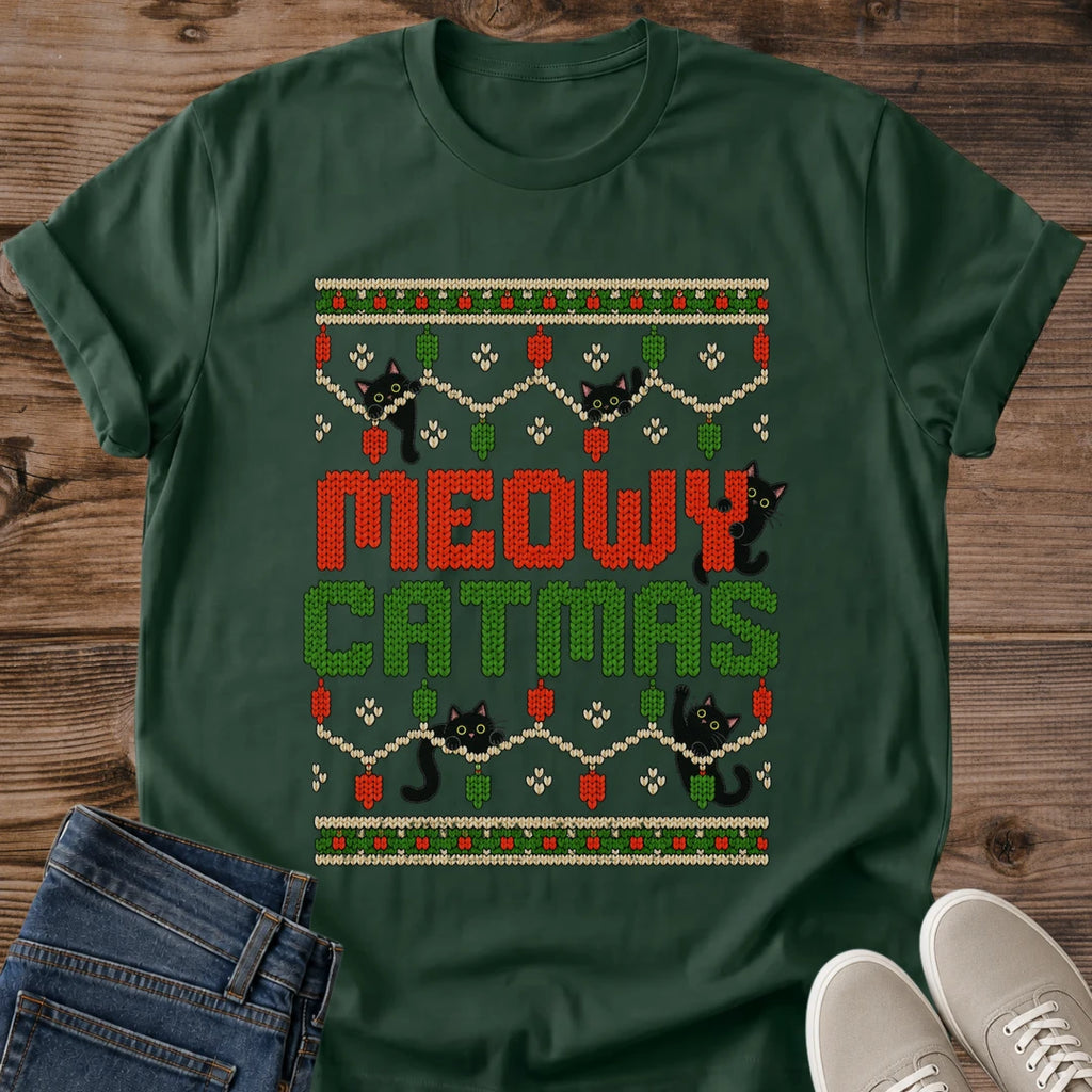 Meowy Catmas Shirt Ugly Christmas Sweater Style Cat Tee Funny Christmas Cat Shirt Fair Isle Knit Pattern Graphic Black Cat Christmas Tee Cat Lover Christmas Gift Holiday Cat Mom Shirt Gildan 64000 Softstyle Unisex Cat Whisker Co
