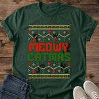 Meowy Catmas Shirt Ugly Christmas Sweater Style Cat Tee Funny Christmas Cat Shirt Fair Isle Knit Pattern Graphic Black Cat Christmas Tee Cat Lover Christmas Gift Holiday Cat Mom Shirt Gildan 64000 Softstyle Unisex Cat Whisker Co