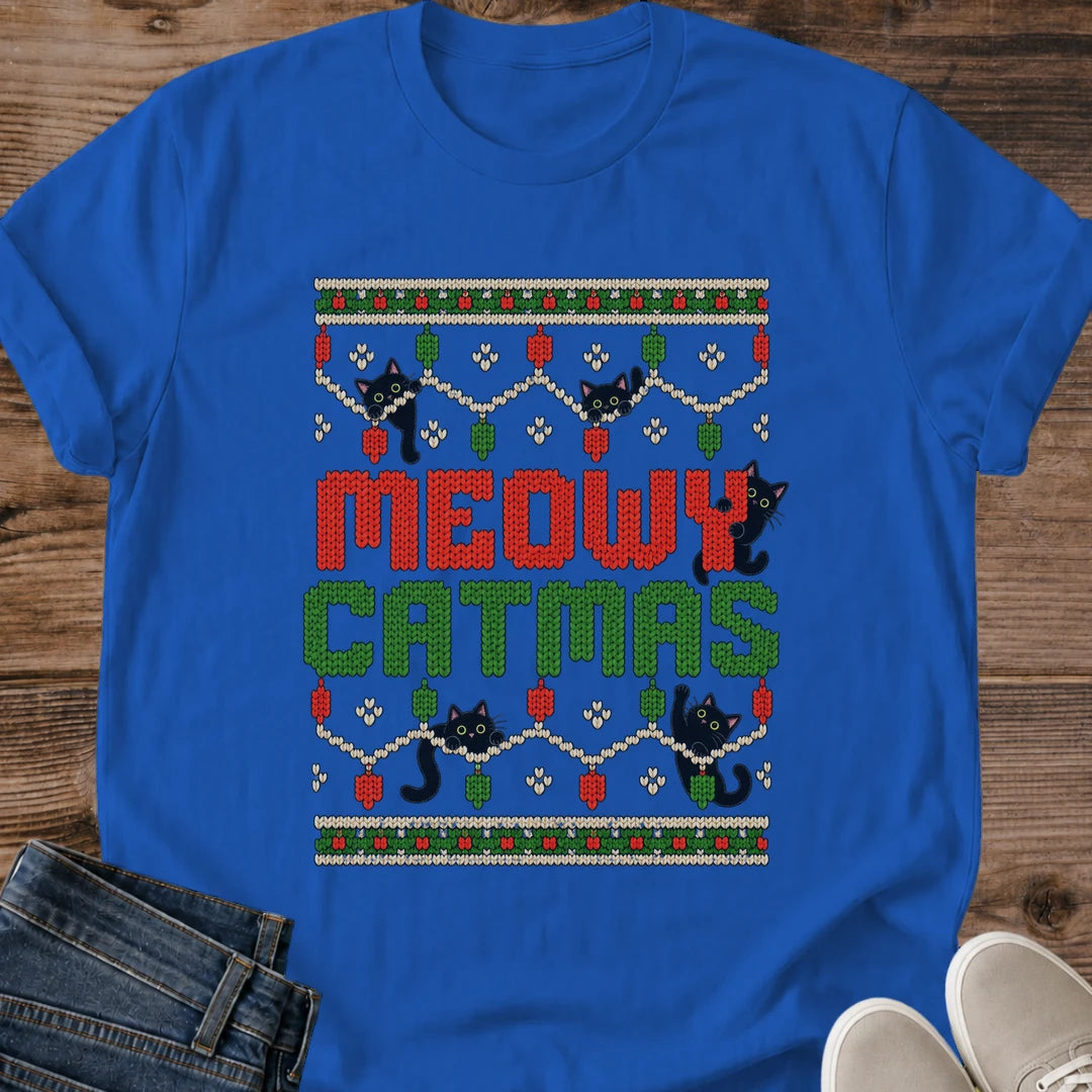 Cat Lover Christmas Gift Meowy Catmas Shirt Funny Holiday Cat Tee Ugly Sweater Party Shirt Secret Santa Gift For Cat Lover White Elephant Gift Stocking Stuffer For Cat Mom Cat Person Christmas Tee Gildan Softstyle Cotton Tee Cat Whisker Co