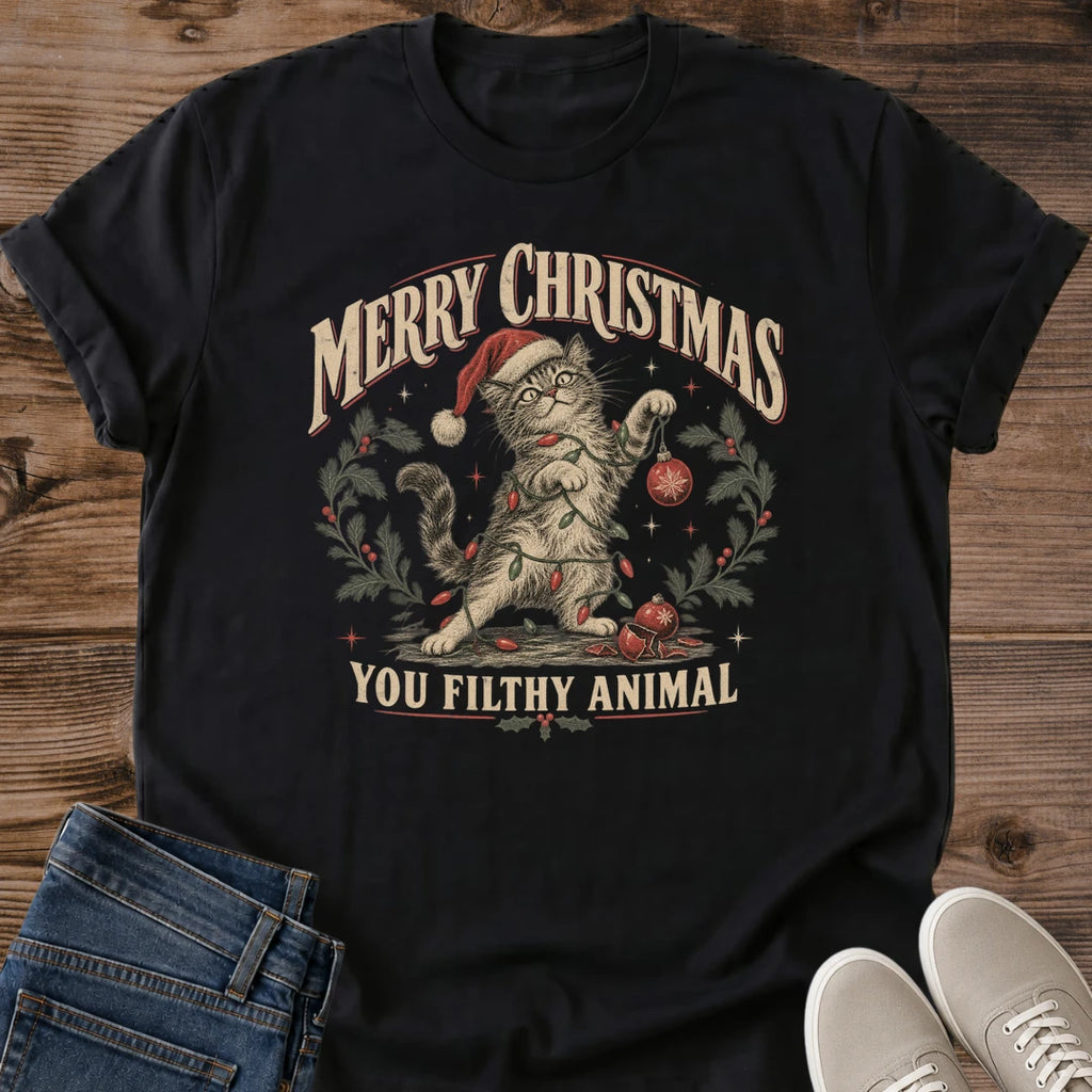 Christmas Cat Gift Shirt You Filthy Animal Santa Hat Cat Vintage Graphic Tee Holiday Gift Idea Ring Spun Cotton Soft Breathable Fabric Relaxed Unisex Fit Christmas Print Design Cat Person Apparel Casual Everyday Wear Statement