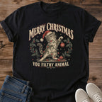 Christmas Cat Gift Shirt You Filthy Animal Santa Hat Cat Vintage Graphic Tee Holiday Gift Idea Ring Spun Cotton Soft Breathable Fabric Relaxed Unisex Fit Christmas Print Design Cat Person Apparel Casual Everyday Wear Statement