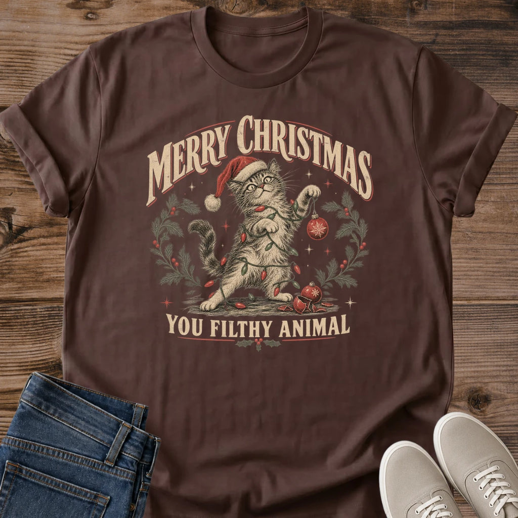 Funny Christmas Cat Tee You Filthy Animal Design Vintage Holiday Cat Lover Gift For Her Softstyle Cotton Comfortable Relaxed Fit Casual Weekend Wear Christmas Print Cat Mom Statement Apparel Everyday Layering Piece For Fun