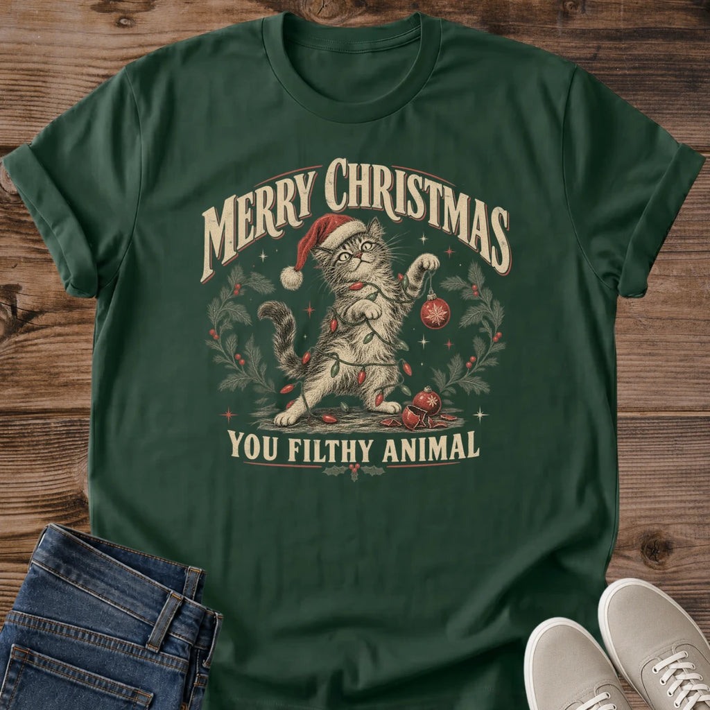 Vintage Cat Lover Tee Merry Christmas You Filthy Animal Santa Hat Cat Design Cotton Cat Dad Gift Shirt Holiday Aesthetic Softstyle Ring Spun Fabric Relaxed Retail Fit Casual Winter Layering Statement Piece Everyday Wear
