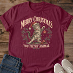 Funny Holiday Cat Graphic Tee Merry Christmas You Filthy Animal Santa Hat Print Vintage Aesthetic Cat Owner Shirt Gift For Cat Lovers Softstyle Cotton Comfortable Relaxed Fit Statement Piece Everyday Casual Wear Holiday Gift