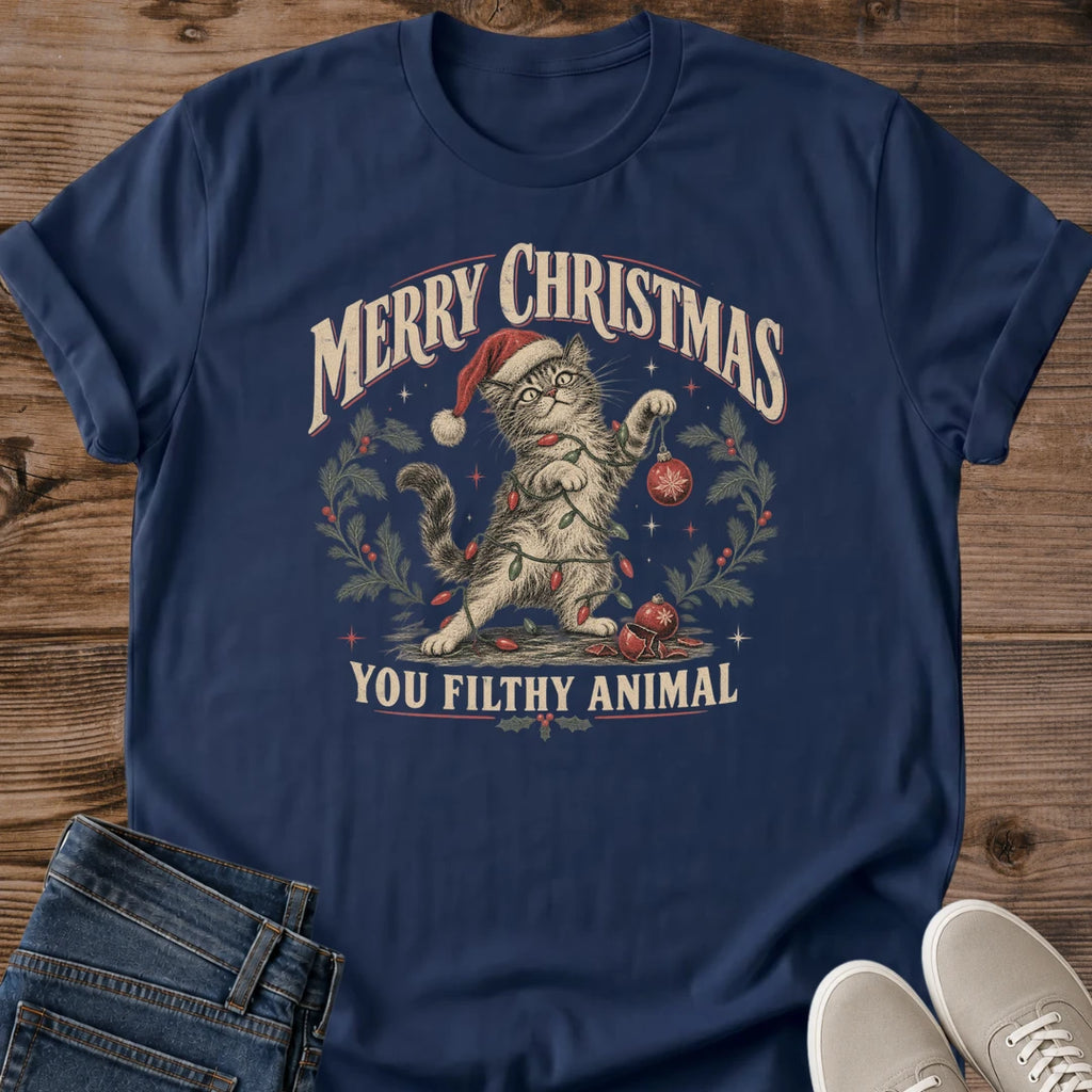 Merry Christmas Cat Shirt You Filthy Animal Tee Funny Holiday Cat Gift Idea Softstyle Ring Spun Cotton Relaxed Fit Everyday Casual Wear Vintage Christmas Print Cat Owner Apparel Statement Piece Lightweight Layering For Home