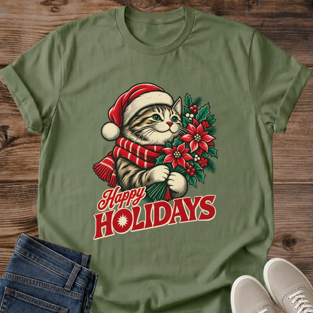 Military green Happy Holidays Christmas cat lover T-shirt with holiday-themed front graphic
