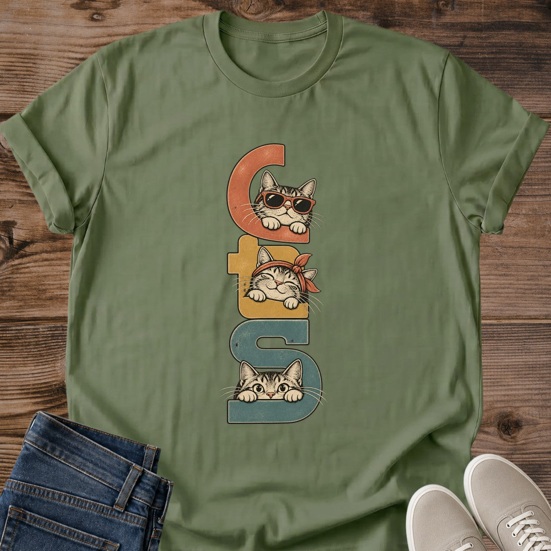 Vintage Cat Lover Tee Cats Peeking Behind Letters Retro Design Cotton Cat Mom Gift Shirt Playful Aesthetic Softstyle Ring Spun Fabric Relaxed Retail Fit Casual Weekend Layering Statement Piece Everyday Wear For Home
