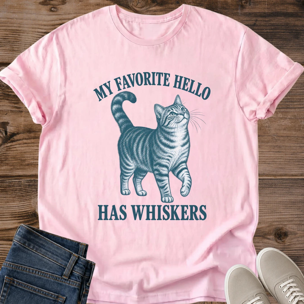 Cute Cat Mom Shirt My Favorite Hello Has Whiskers Quote Tabby Cat Walking Illustration Vintage Engraved Cat Tee Cat Owner Gift For Her Cat Dad Shirt Rescue Cat Mom Tee Gotcha Day Adoption Gift Soft Cotton Unisex Shirt Cat Whisker Co