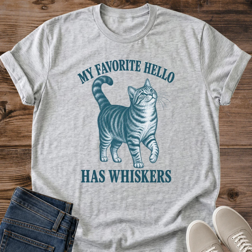 Cute Cat Mom Shirt My Favorite Hello Has Whiskers Quote Tabby Cat Walking Illustration Vintage Engraved Cat Tee Cat Owner Gift For Her Cat Dad Shirt Rescue Cat Mom Tee Gotcha Day Adoption Gift Soft Cotton Unisex Shirt Cat Whisker Co