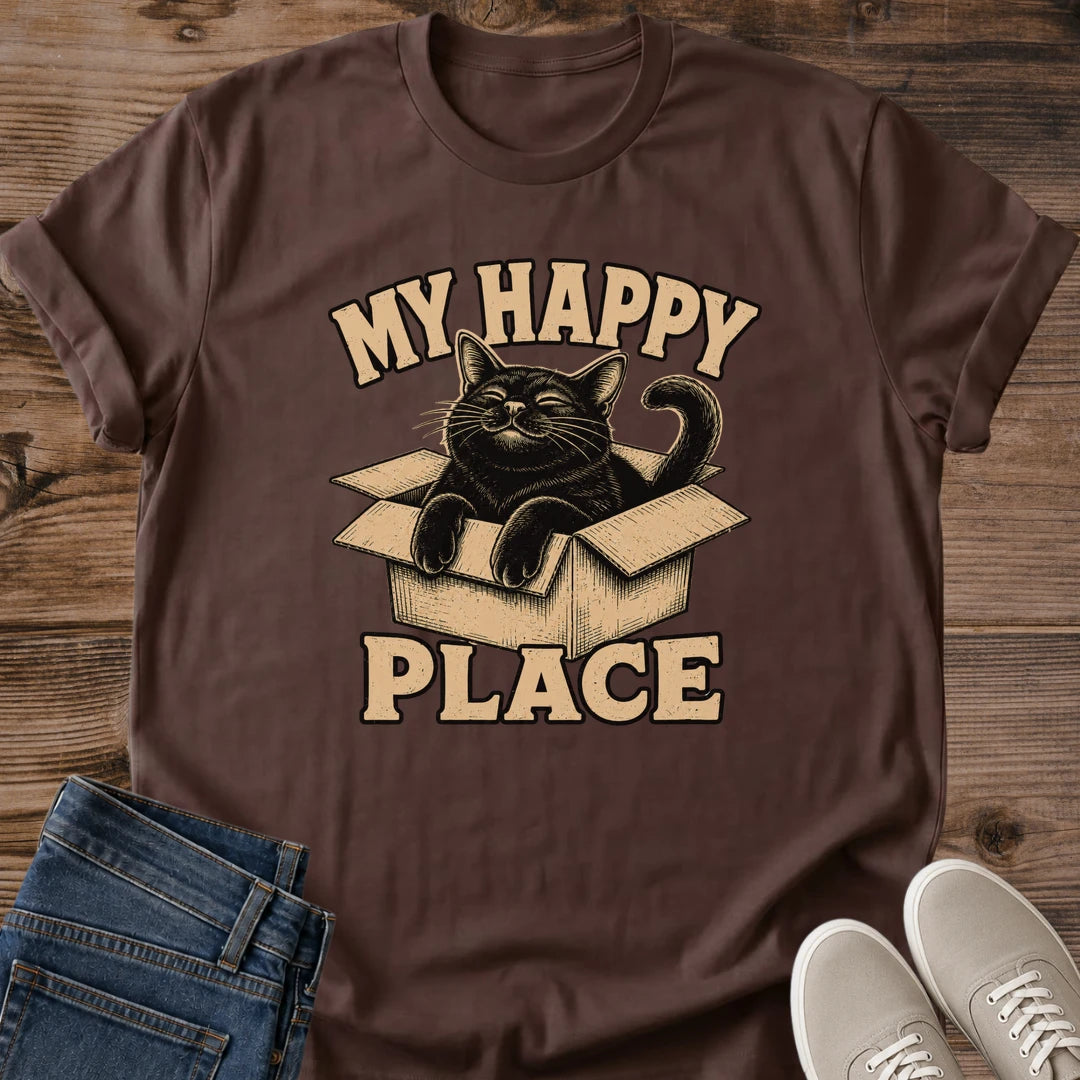 My Happy Place Cat Tee Black Cat In Box Retro Graphic Shirt Cozy Cardboard Box Vintage Lettering Design Cat Owner Gift Comfortable Softstyle Cotton Everyday Casual Wear Cute Cat Lover Shirt