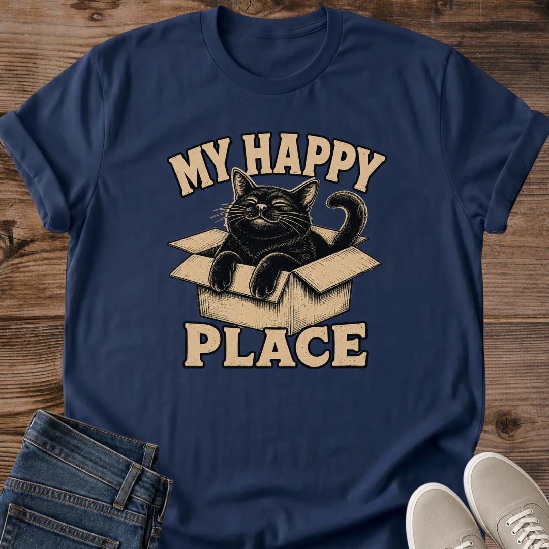 Cute Cat Shirt My Happy Place Retro Graphic Tee Black Cat In Cardboard Box Vintage Design Cat Lover Gift Softstyle Ring Spun Cotton Relaxed Unisex Fit Casual Wear Funny Cat Owner Tee