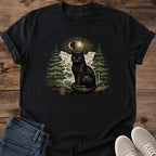 Witchy Cat Tshirt Black Cat Forest Design Mystical Moon Phase Graphic Tee Spiritual Cat Lover Clothing Pine Tree Mountain Print Soft Cotton Crew Neck Shirt Comfortable Casual Wear Everyday Fashion Gift Nature Inspired Apparel Lightweight