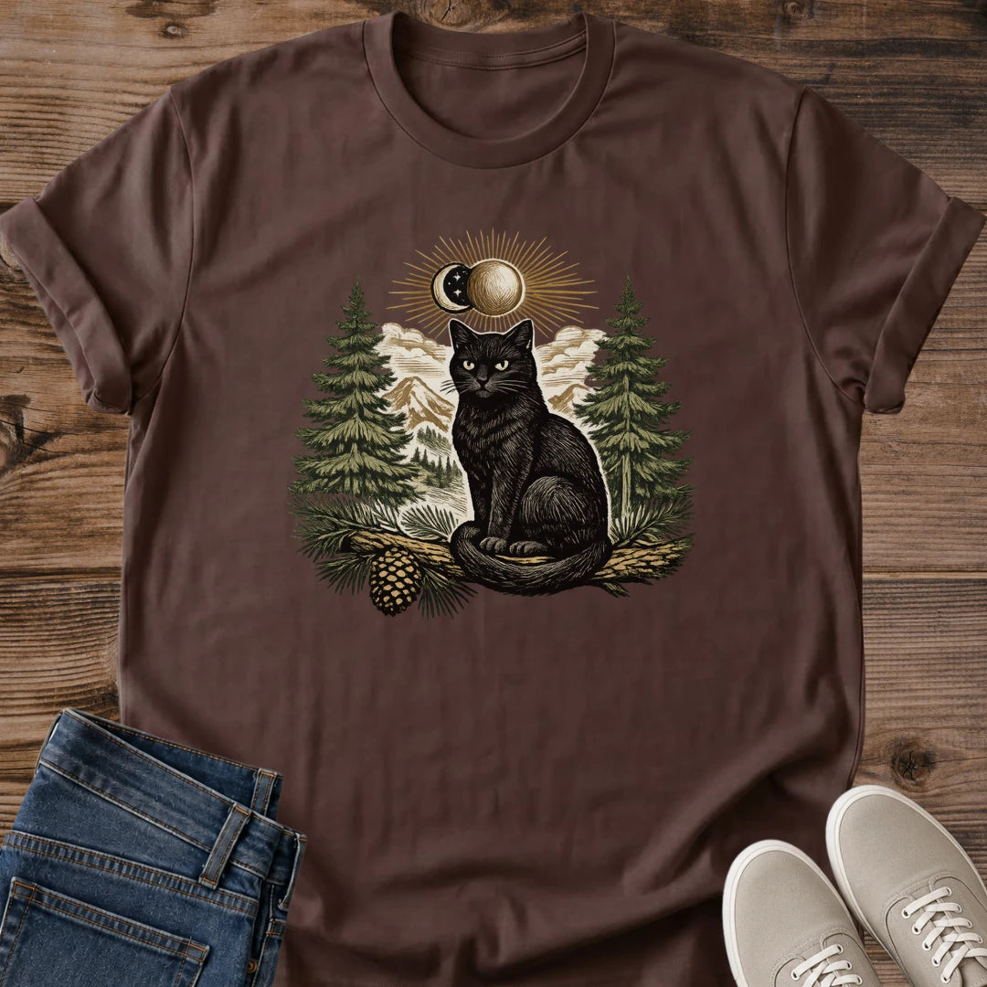 Black Cat Graphic Tee Mystical Forest Design Moon Phase Shirt Spiritual Cat Clothing Witchy Style Apparel Pine Tree Mountain Landscape Print Soft Cotton Crew Neck Tshirt Everyday Comfort Wear Magical Cat Lover Gift Lightweight Casual