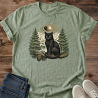 Spiritual Cat Clothing Black Cat Graphic Tee Mystical Forest Moon Design Witchy Style Shirt Pine Tree Mountain Landscape Print Soft Cotton Crew Neck Comfortable Everyday Wear Cat Lover Gift Casual Fashion Apparel Lightweight Nature Theme