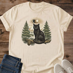 Forest Cat Design Shirt Black Cat Mystical Moon Graphic Tee Spiritual Witchy Clothing Style Pine Tree Mountain Print Soft Cotton Crew Neck Comfortable Casual Wear Everyday Fashion Cat Lover Gift Lightweight Apparel Nature Inspired Magical