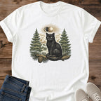 Mystical Cat Shirt Forest Moon Design Black Cat Graphic Tee Spiritual Witchy Clothing Pine Tree Landscape Print Soft Comfortable Cotton Crew Neck Style Casual Everyday Wear Cat Lover Apparel Gift Magical Nature Theme Lightweight Tshirt