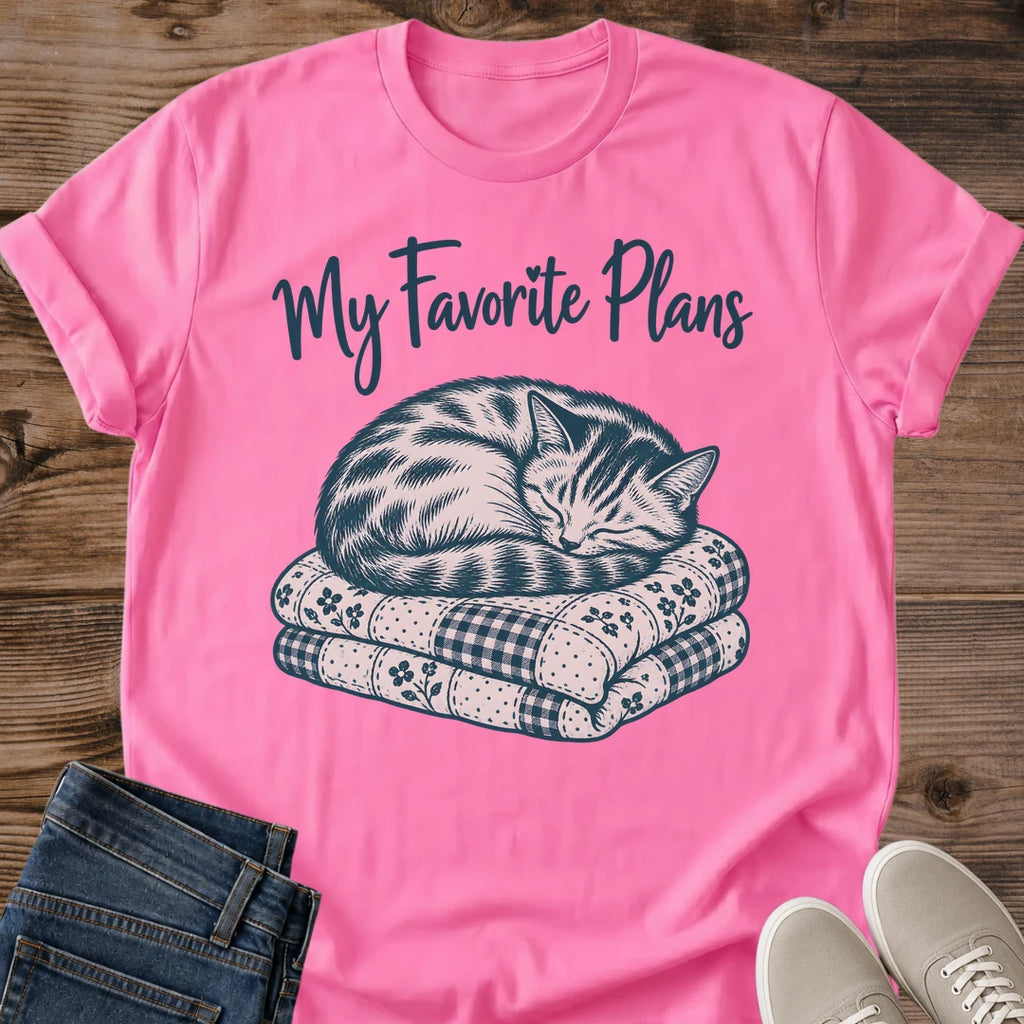 My Favorite Plans Sleeping Tabby Cat Shirt In White Cozy Cottagecore Cat Tee With Striped Cat Napping On Stacked Vintage Quilts Script Lettering Graphic Tee Gildan 64000 Softstyle Gift For Cat Lovers Cat Whisker Co