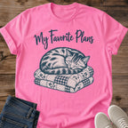 My Favorite Plans Sleeping Tabby Cat Shirt In White Cozy Cottagecore Cat Tee With Striped Cat Napping On Stacked Vintage Quilts Script Lettering Graphic Tee Gildan 64000 Softstyle Gift For Cat Lovers Cat Whisker Co