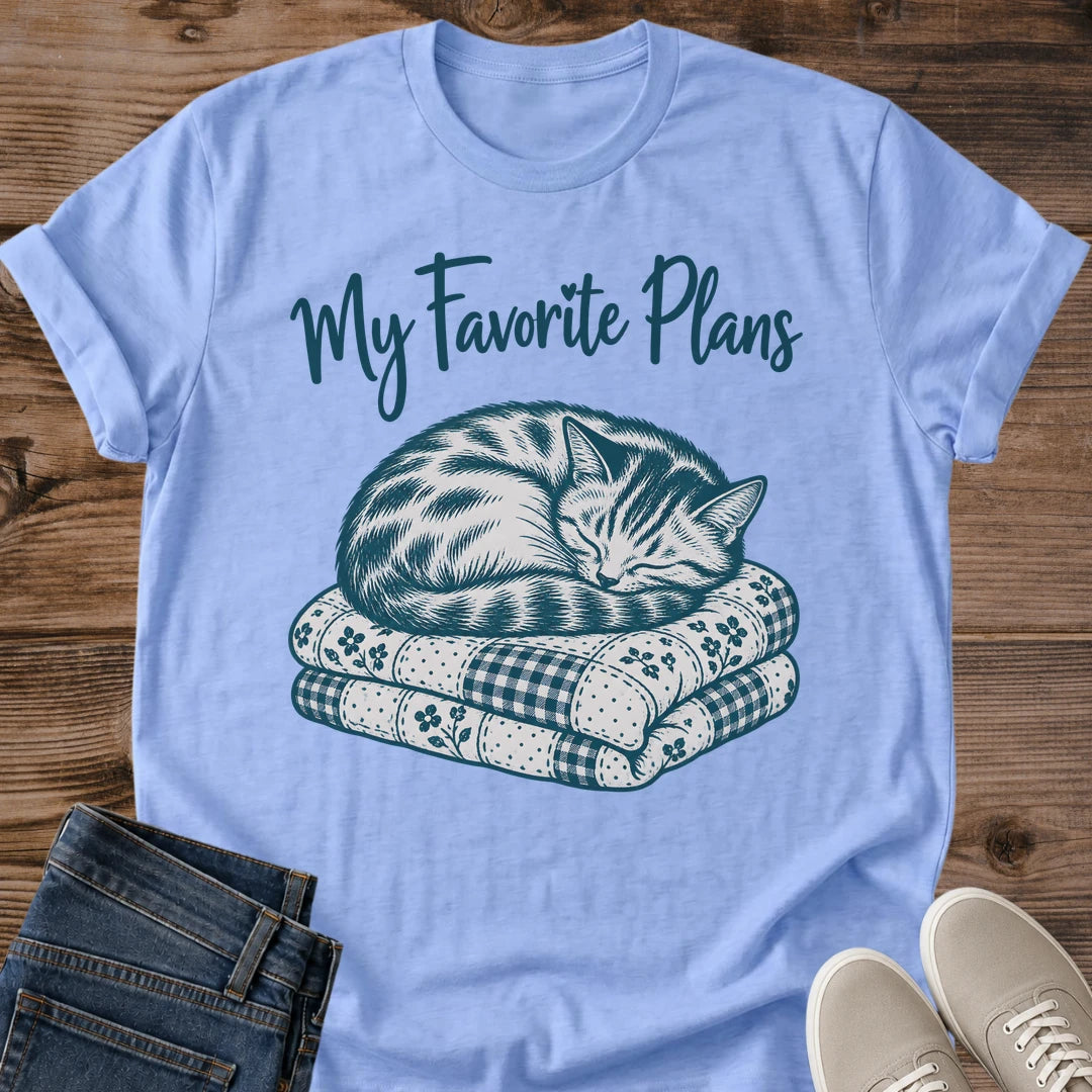 Sand Cat Nap Shirt With Tabby Cat Curled Up Asleep On Patchwork Quilts And My Favorite Plans Script Text Vintage Cottagecore Cat Graphic Tee Homebody Shirt Cozy Weekend Tee Cat Mom Gift Cat Whisker Co