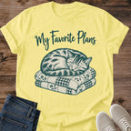 Flat Lay Cat Nap T Shirt Close Up Of My Favorite Plans Script And Sleeping Striped Cat Illustration On Quilts Soft Gildan 64000 Softstyle Unisex Tee Cozy Christmas Gift For Cat Lovers Cat Whisker Co