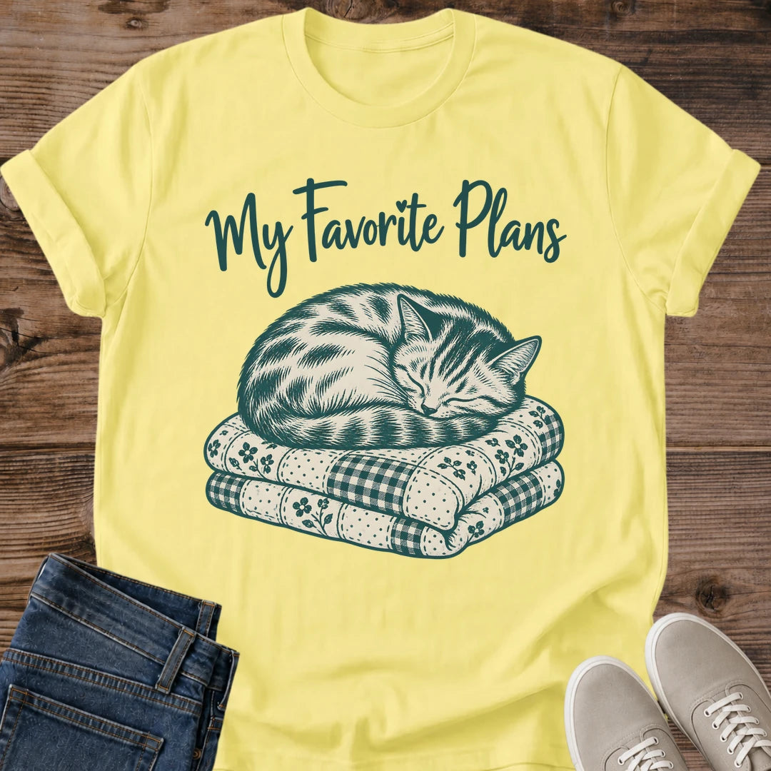 Flat Lay Cat Nap T Shirt Close Up Of My Favorite Plans Script And Sleeping Striped Cat Illustration On Quilts Soft Gildan 64000 Softstyle Unisex Tee Cozy Christmas Gift For Cat Lovers Cat Whisker Co