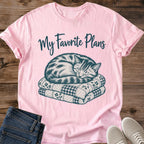 My Favorite Plans Sleeping Tabby Cat Shirt In White Cozy Cottagecore Cat Tee With Striped Cat Napping On Stacked Vintage Quilts Script Lettering Graphic Tee Gildan 64000 Softstyle Gift For Cat Lovers Cat Whisker Co