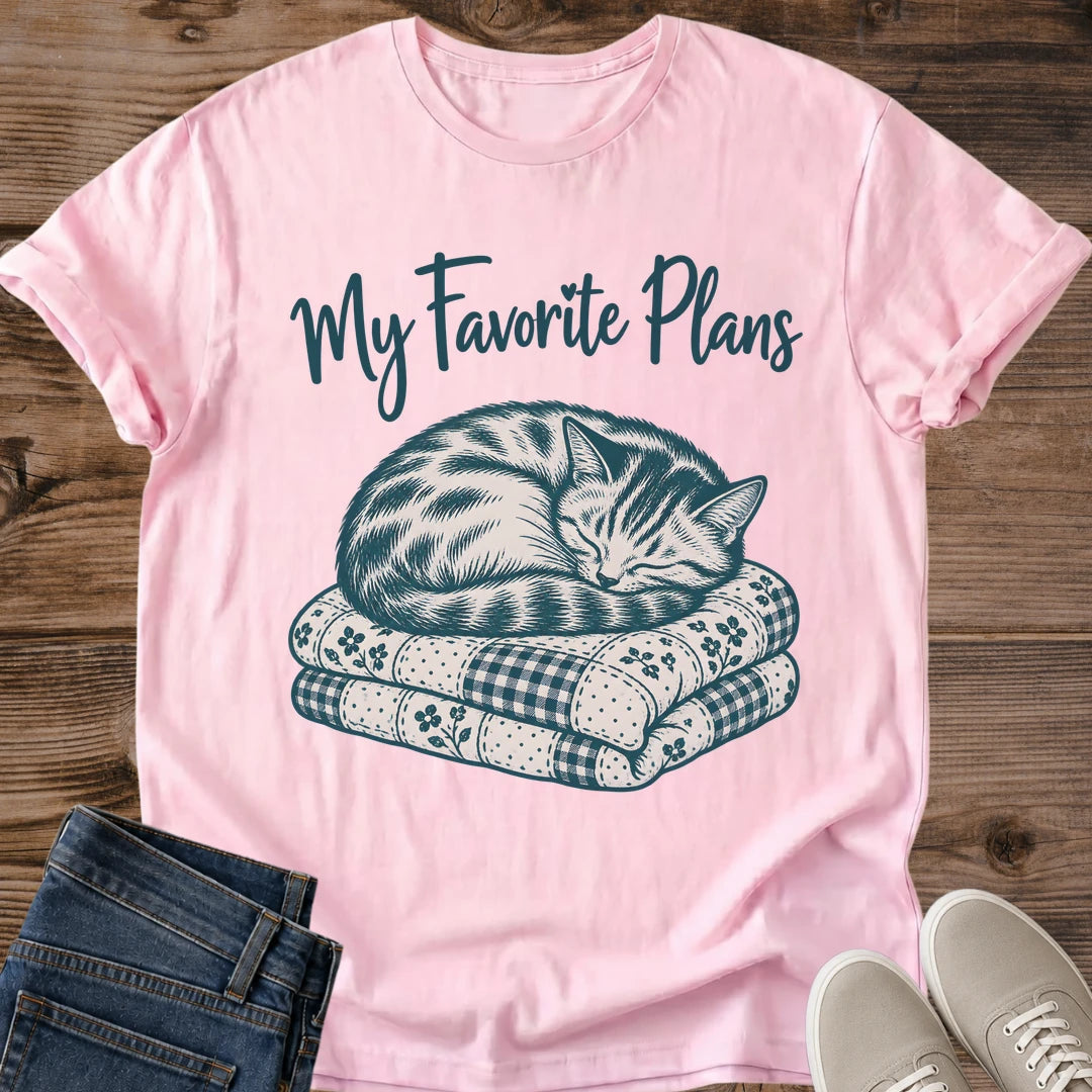 My Favorite Plans Sleeping Tabby Cat Shirt In White Cozy Cottagecore Cat Tee With Striped Cat Napping On Stacked Vintage Quilts Script Lettering Graphic Tee Gildan 64000 Softstyle Gift For Cat Lovers Cat Whisker Co