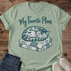 Sand Cat Nap Shirt With Tabby Cat Curled Up Asleep On Patchwork Quilts And My Favorite Plans Script Text Vintage Cottagecore Cat Graphic Tee Homebody Shirt Cozy Weekend Tee Cat Mom Gift Cat Whisker Co