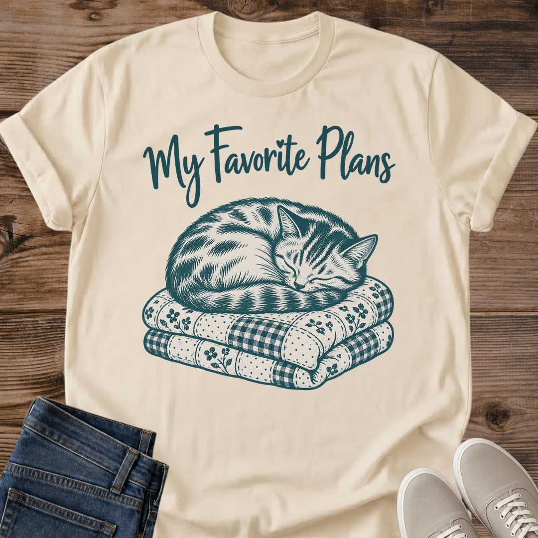 Sport Grey Tabby Cat Tee With My Favorite Plans Lettering Above A Napping Cat On A Stack Of Blankets Vintage Engraved Style Cat Graphic Shirt Cottagecore Cat Lover Gift Cat Dad Shirt Cat Whisker Co