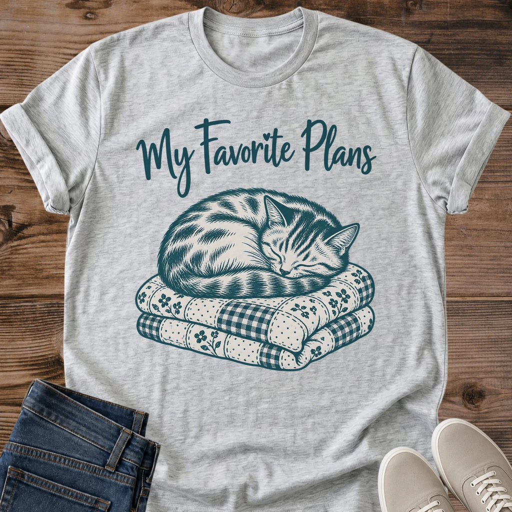 Stone Blue Cozy Cat Shirt Featuring Hand Drawn Sleeping Tabby Cat On Folded Gingham And Floral Quilts My Favorite Plans Quote Tee Introvert Cat Shirt Lazy Day Tee Gift For Cat Owner Cat Whisker Co