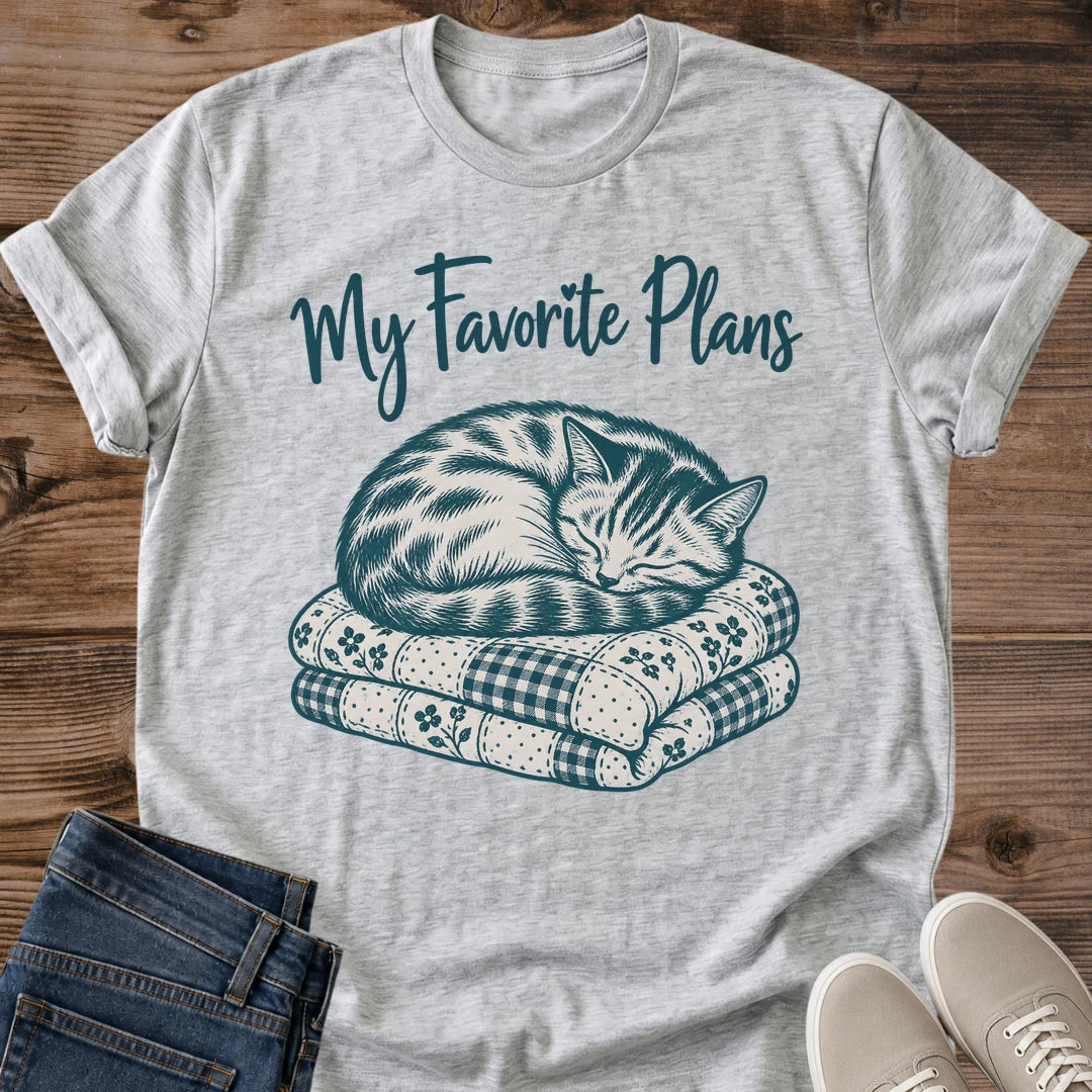 Stone Blue Cozy Cat Shirt Featuring Hand Drawn Sleeping Tabby Cat On Folded Gingham And Floral Quilts My Favorite Plans Quote Tee Introvert Cat Shirt Lazy Day Tee Gift For Cat Owner Cat Whisker Co