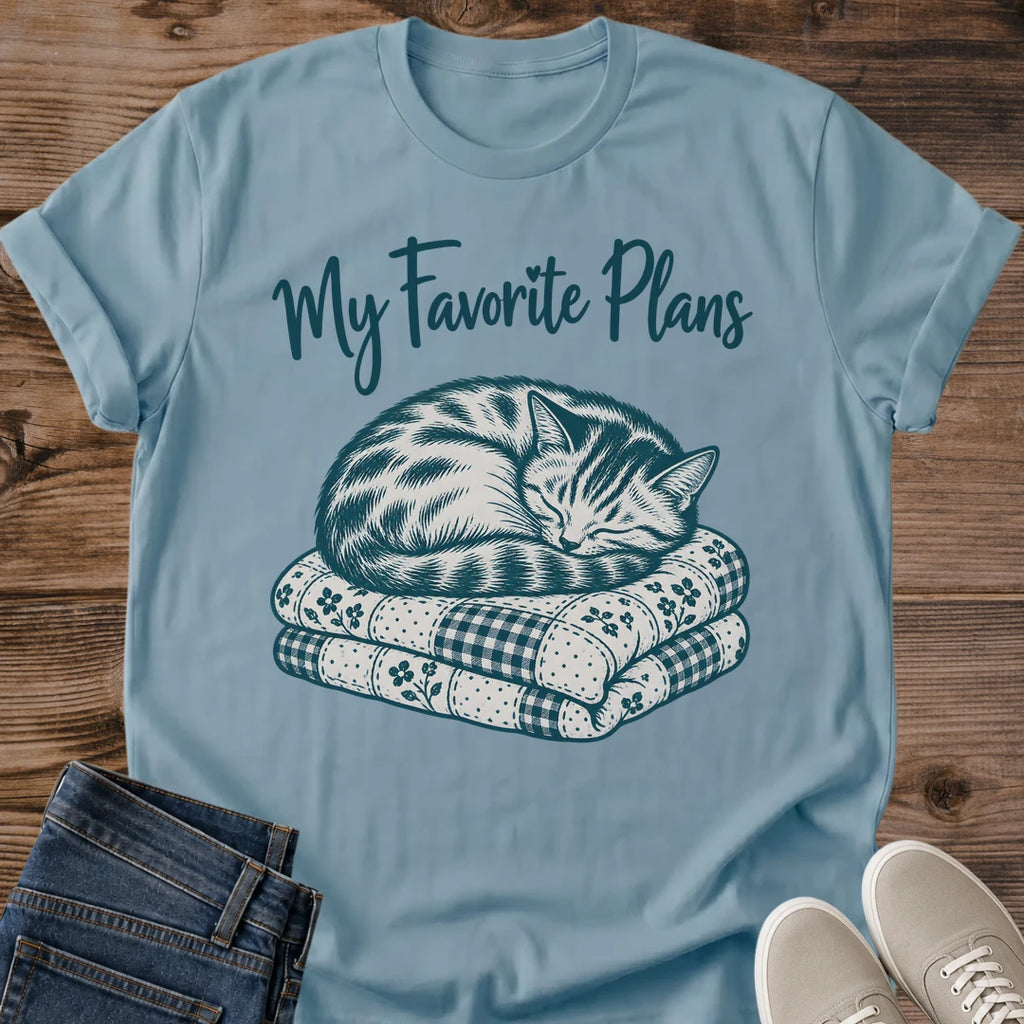 Stone Blue Cozy Cat Shirt Featuring Hand Drawn Sleeping Tabby Cat On Folded Gingham And Floral Quilts My Favorite Plans Quote Tee Introvert Cat Shirt Lazy Day Tee Gift For Cat Owner Cat Whisker Co