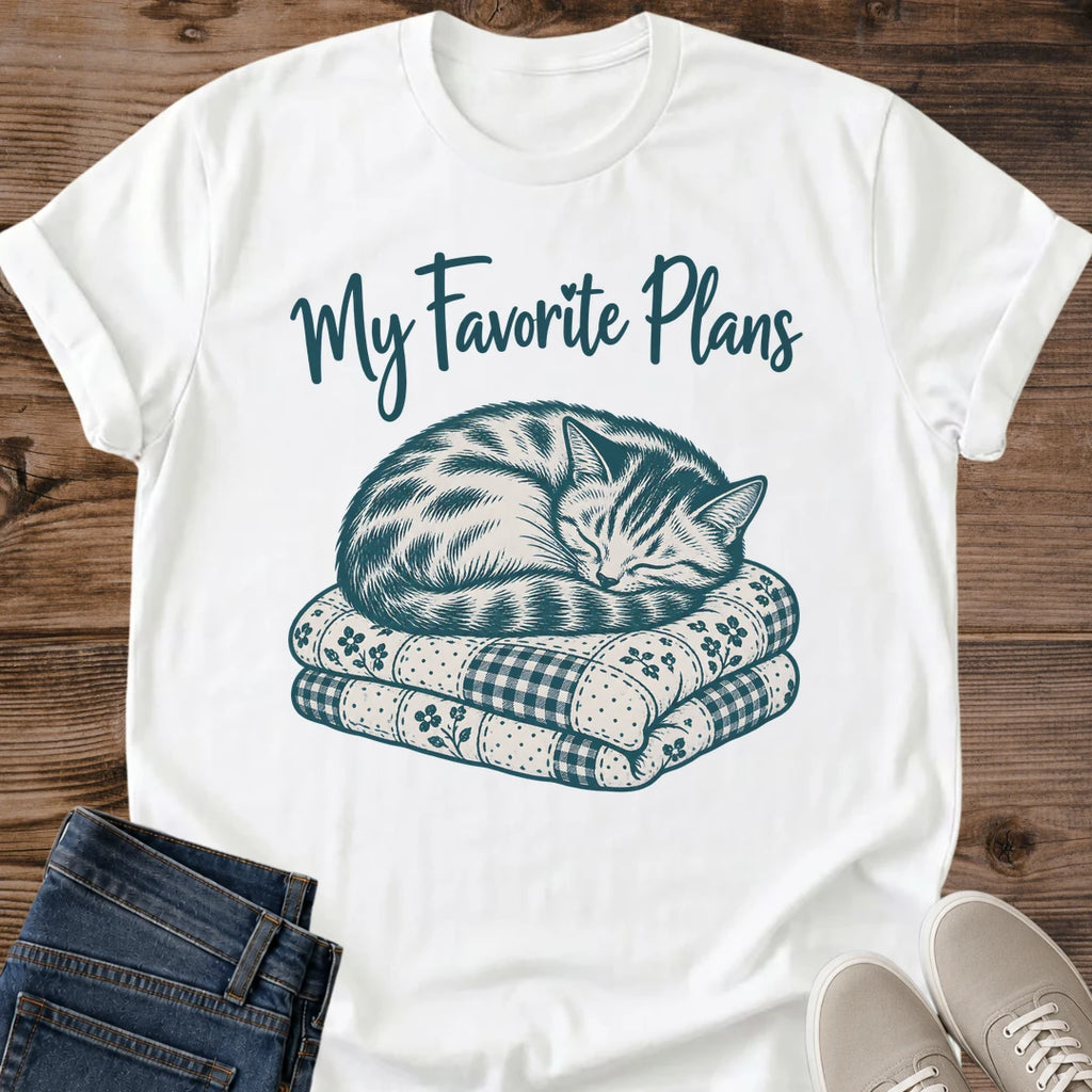 Sport Grey Tabby Cat Tee With My Favorite Plans Lettering Above A Napping Cat On A Stack Of Blankets Vintage Engraved Style Cat Graphic Shirt Cottagecore Cat Lover Gift Cat Dad Shirt Cat Whisker Co