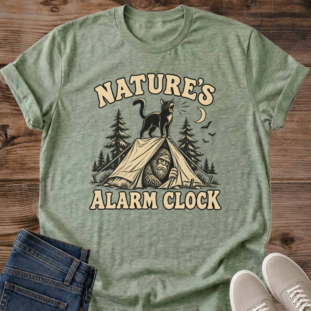 Cat Lover Gift Shirt Nature's Alarm Clock Camping Cat Graphic Tee Black Cat Tent Scene Vintage Design Softstyle Ring Spun Cotton Relaxed Fit Casual Outdoor Wear Outdoor Cat Owner Tee