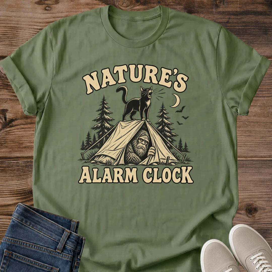Cat Lover Camping Shirt Nature's Alarm Clock Graphic Tee Black Cat On Tent Crescent Moon Vintage Design Softstyle Ring Spun Cotton Relaxed Unisex Fit Casual Outdoor Wear Cute Camping Cat Tee