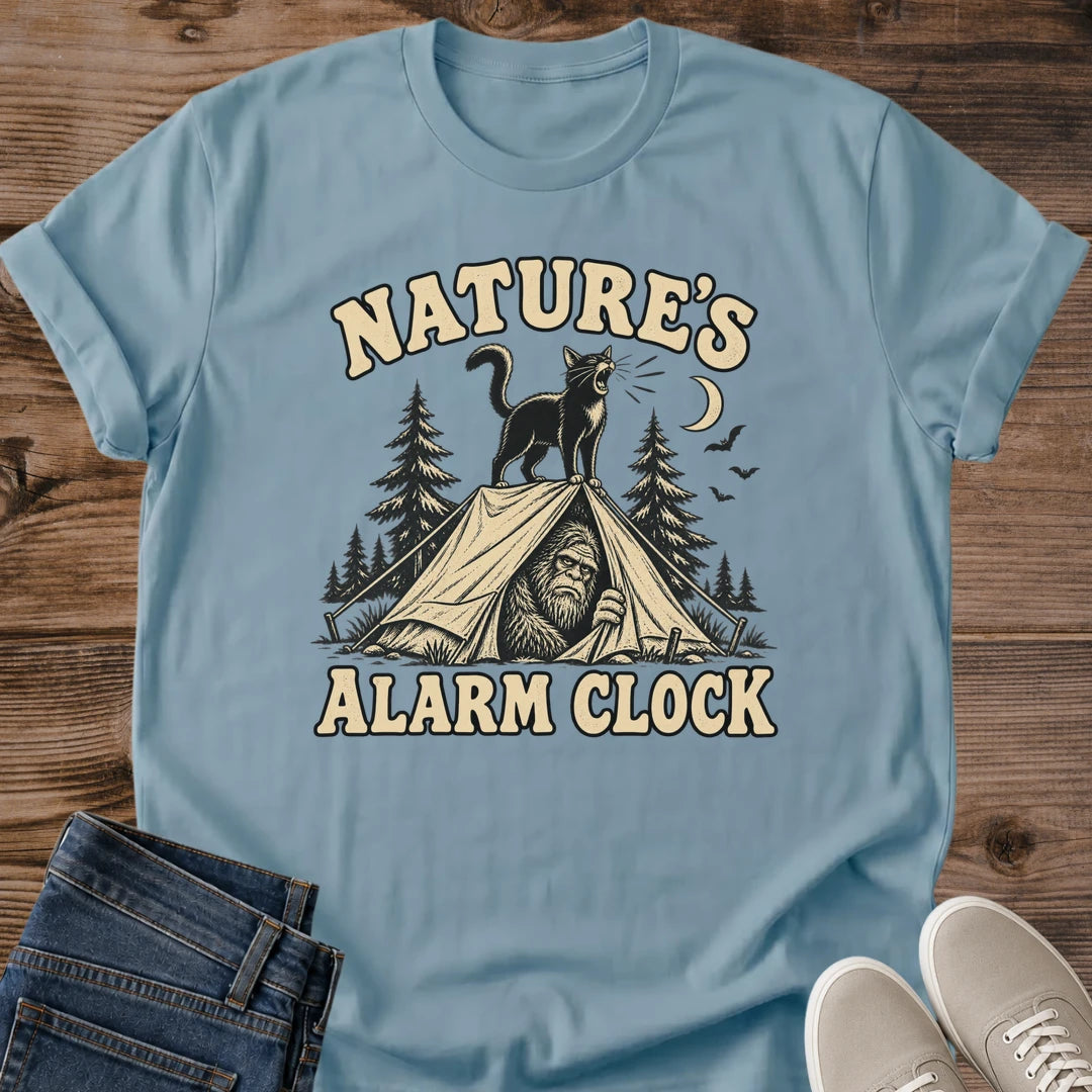 Outdoor Cat Tee Nature's Alarm Clock Camping Graphic Shirt Black Cat Perched On Tent Pine Forest Vintage Print Cat Owner Gift Comfortable Softstyle Cotton Casual Hiking Wear Funny Cat Lover Shirt