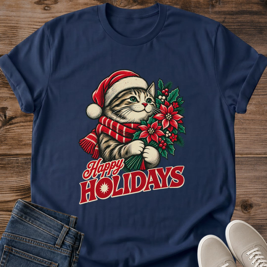 Navy Happy Holidays cat Christmas graphic shirt, unisex festive crewneck tee