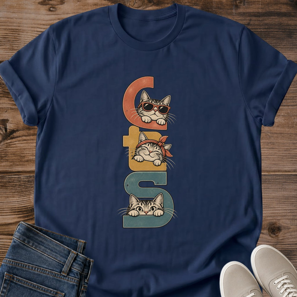 Retro Cat Tee Cats Peeking Behind Letters Typography Design Cute Cat Lover Gift For Her Softstyle Cotton Comfortable Relaxed Fit Casual Weekend Wear Vintage Print Cat Mom Statement Apparel Everyday Layering Piece For Fun