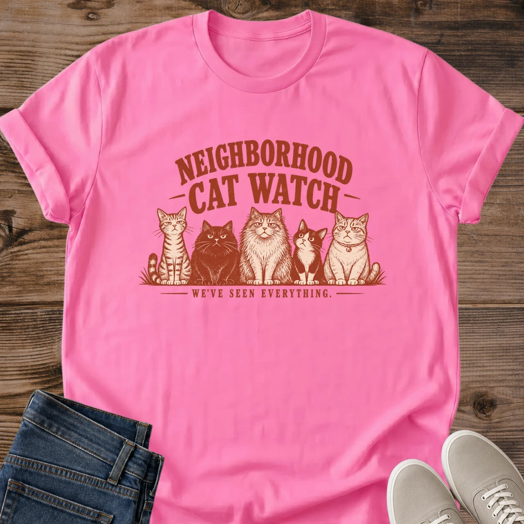 Funny Cat Graphic Tee Neighborhood Cat Watch Five Cats Sepia Print Vintage Aesthetic Cat Owner Shirt Gift For Cat Lovers Softstyle Cotton Comfortable Relaxed Fit Statement Piece Everyday Casual Wear Apparel Gift Idea