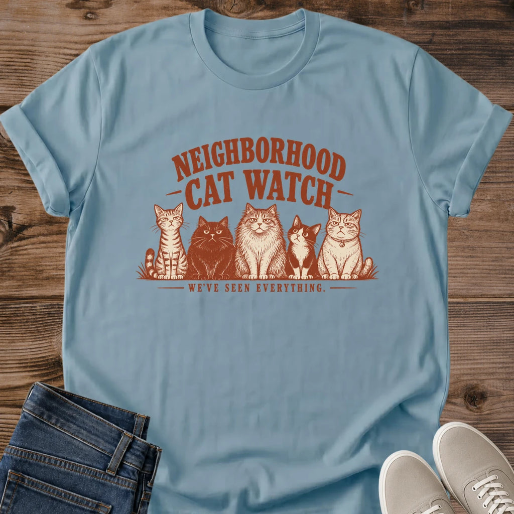 Funny Cat Group Tee Neighborhood Cat Watch Weve Seen Everything Design Cat Lover Gift For Her Softstyle Cotton Comfortable Relaxed Fit Casual Weekend Wear Vintage Print Cat Mom Statement Apparel Everyday Layering Piece