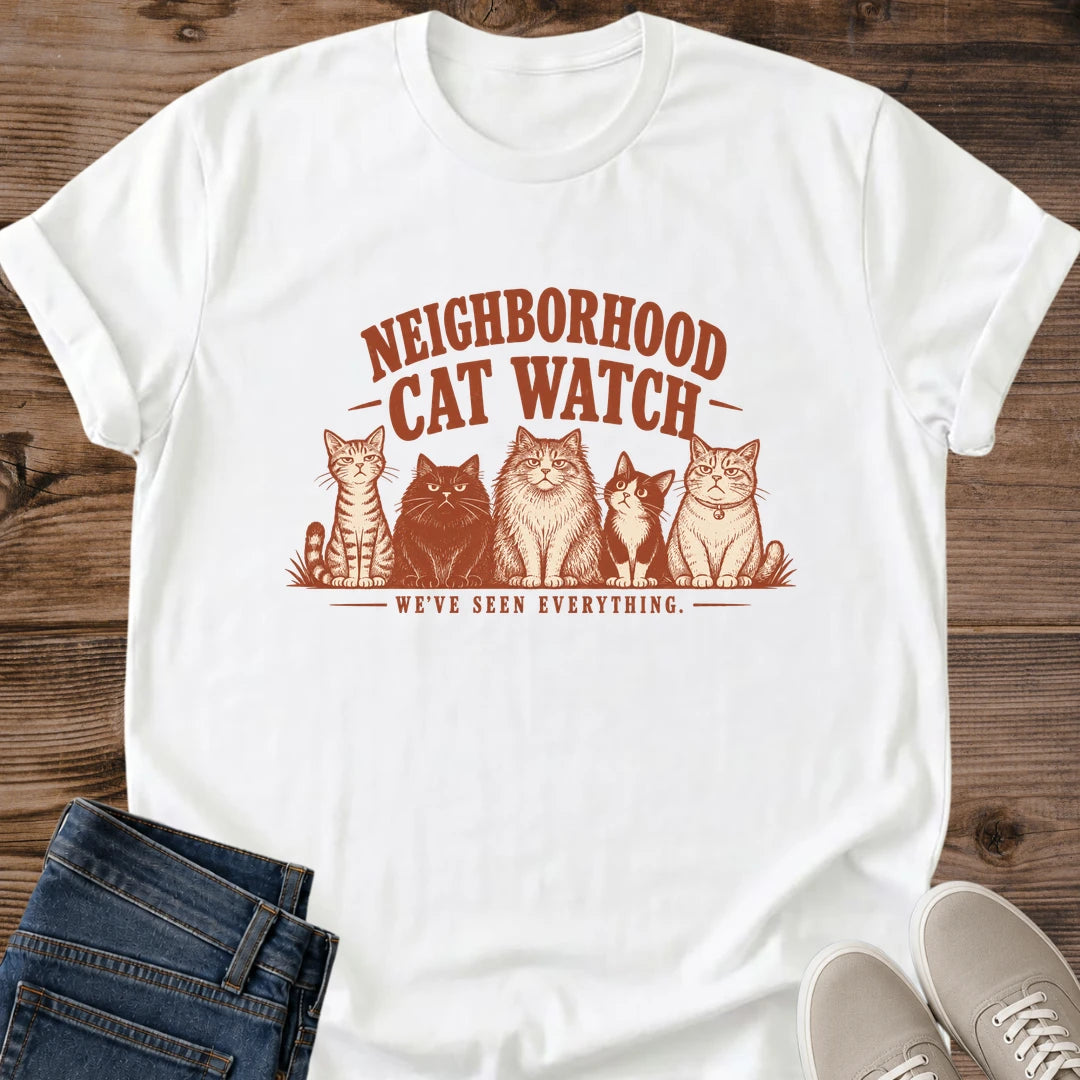 Vintage Cat Lover Tee Neighborhood Cat Watch Weve Seen Everything Design Cotton Cat Dad Gift Shirt Funny Aesthetic Softstyle Ring Spun Fabric Relaxed Retail Fit Casual Weekend Layering Statement Piece Everyday Wear For Home