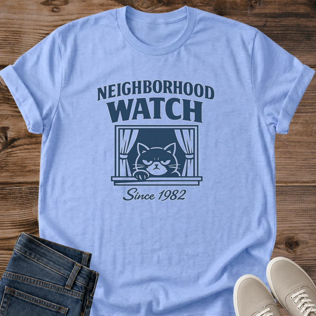 Vintage Cat Graphic Tee Retro Style Shirt Funny Neighborhood Watch Design Casual Comfortable Apparel Soft Lightweight Fabric Cotton Blend Material Relaxed Fit Everyday Wear Cat Lover Gift Present Animal Theme Clothing Novelty Statement