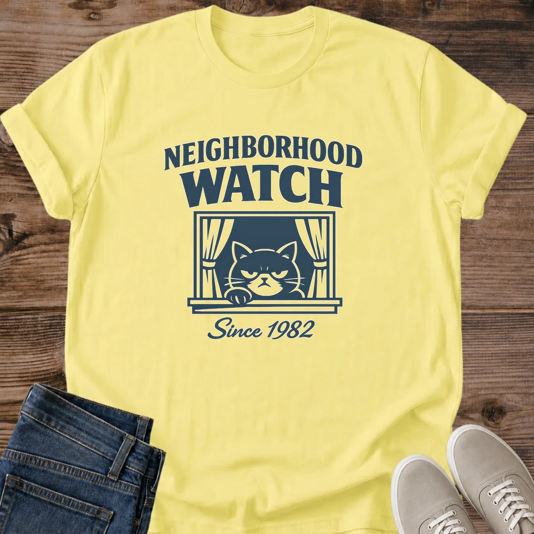 Cat Lover Tee Shirt Funny Graphic Design Neighborhood Watch Theme Vintage Style Apparel Animal Enthusiast Gift Present Soft Comfortable Cotton Fabric Lightweight Casual Wear Everyday Shirt Relaxed Fit Design Retro Fashion Statement Humorous